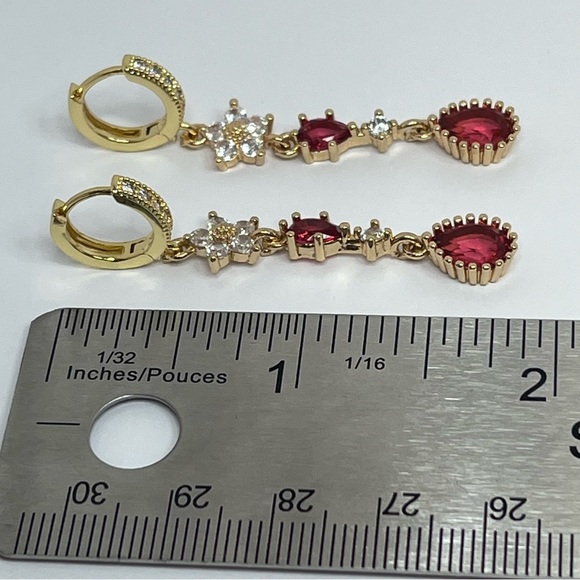 Fushia Magenta Pink White Rhinestone Gold Latchback Handmade Dangle Earrings - Picture 3 of 3